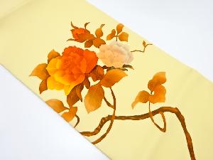 塩瀬　手描き枝花模様開き名古屋帯（額縁仕立て）